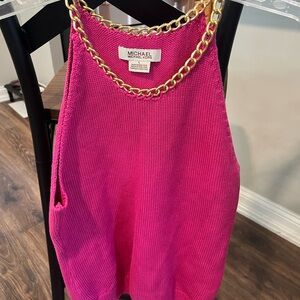 Michael Kors Fuchsia knit Sleeveless top with gold embellishment neckline Large